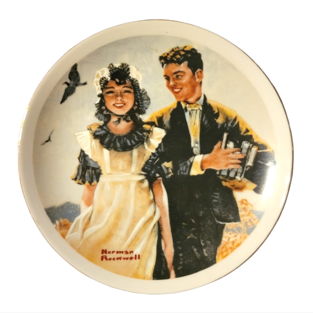 Vtg Norman Rockwell Mini Porcelain Gold Trim Plate "Young Love" Series